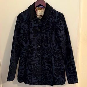 Free People Blue Jacquard Button Up Coat. Size 8